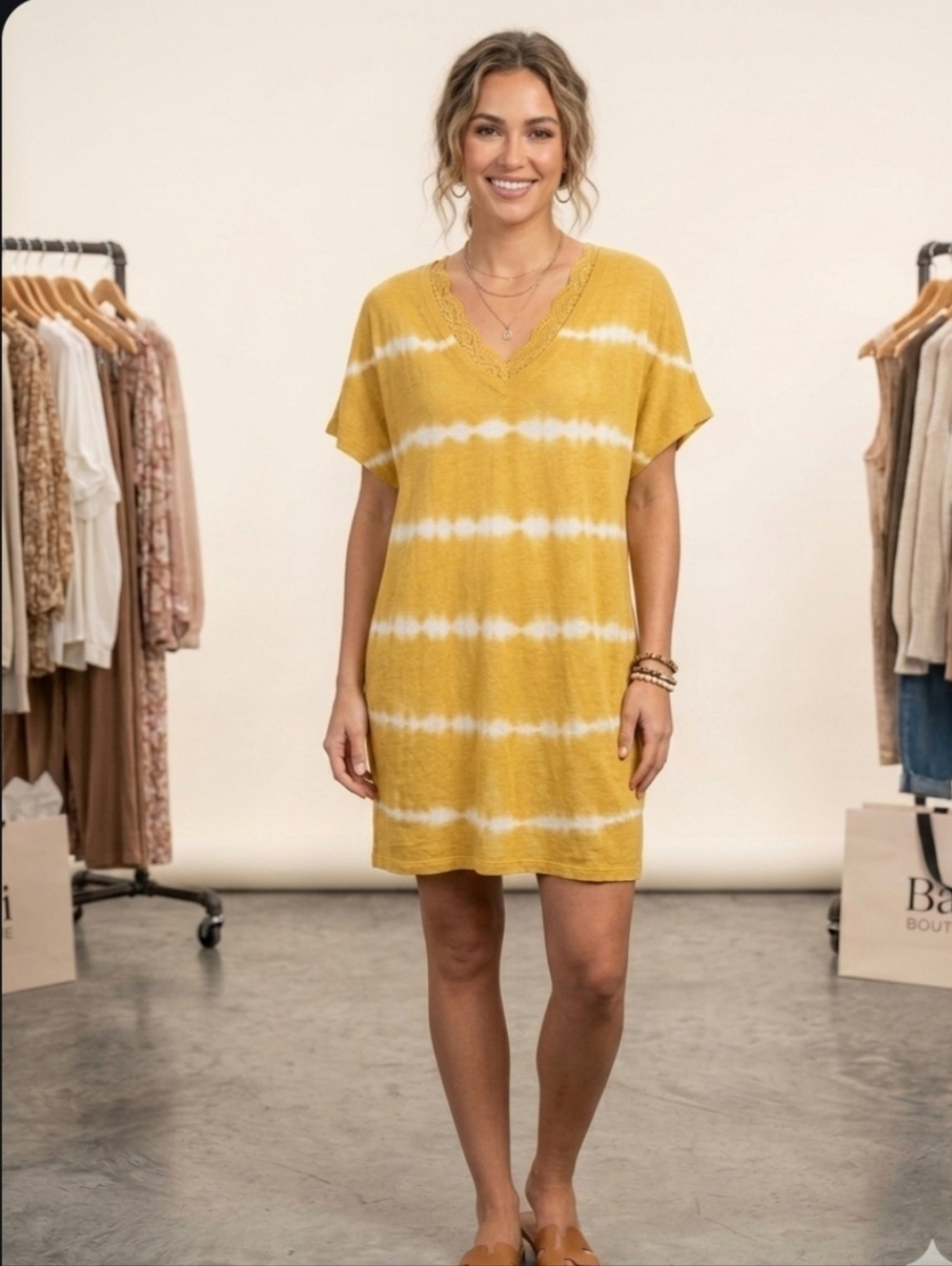 Baci Yellow 100% Linen Tie Dye Deep VNeck Short Sleeve Relaxed Fit Tunic Beach